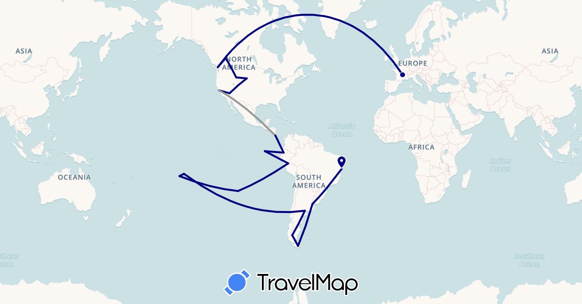 TravelMap itinerary: driving, plane in Argentina, Brazil, Canada, Chile, Costa Rica, Ecuador, France, Peru, French Polynesia, United States (Europe, North America, Oceania, South America)